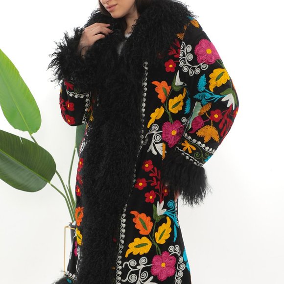 Shearling Trimmed Vintage Coat, Almost Famous 1970s, Boho Fashion, Suzani Coat, - Picture 2 of 5